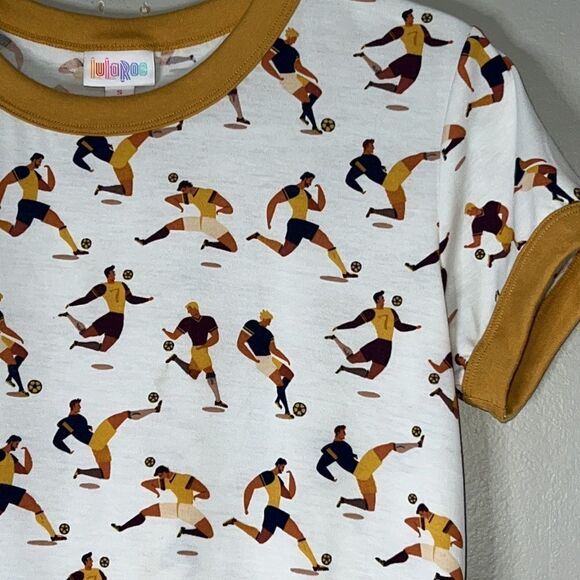 LuLaRoe Women's Small Soccer Player Tee Shirt White Yellow Graphic - Picture 5 of 10
